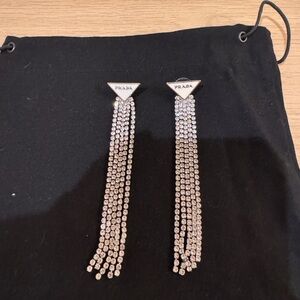 Prada Silver Crystal Fringe Logo Drop Earrings